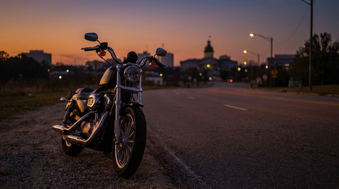 Motorcycle parked on roadside at dusk with city skyline and courthouse in background