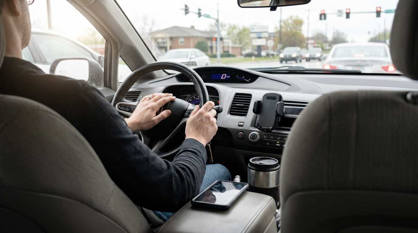 driver gripping steering wheel with smartphone resting on center console
