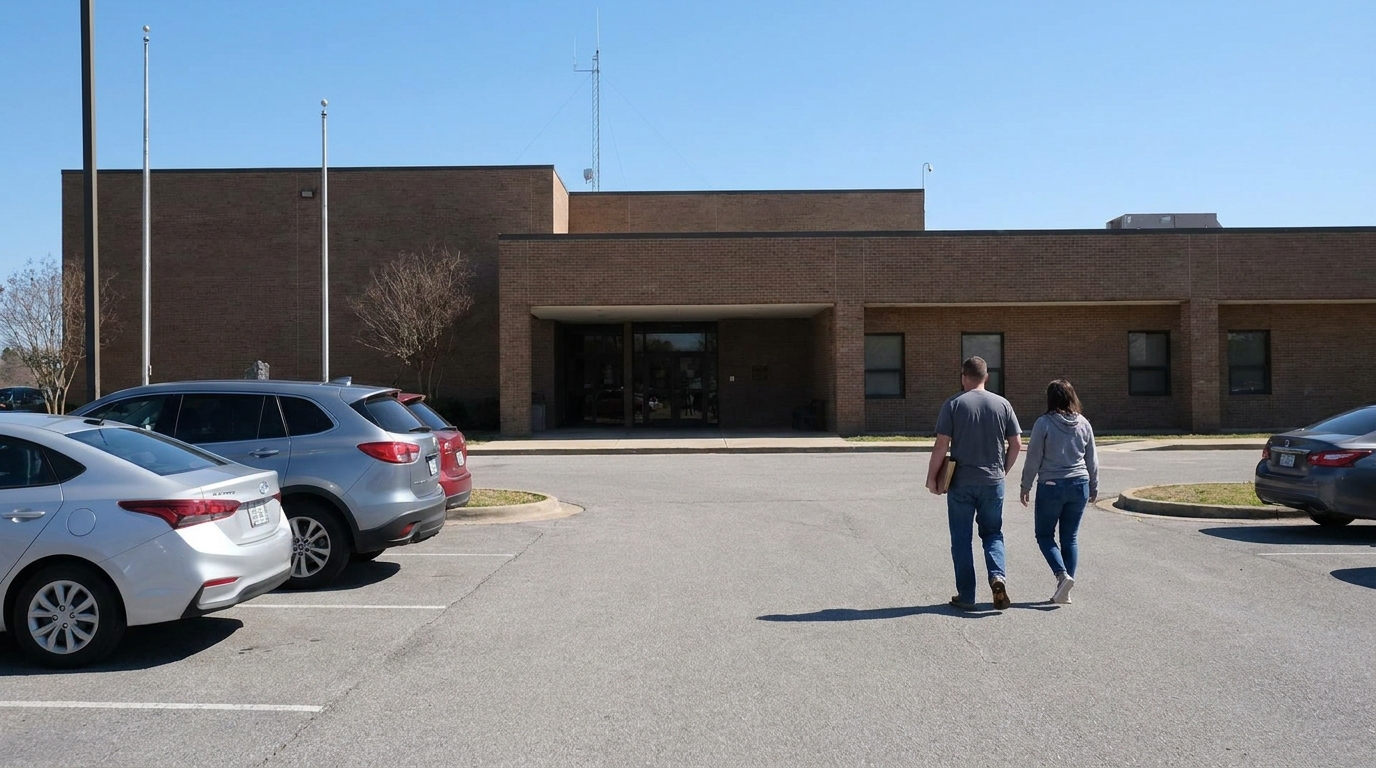 Couple walking through parking lot toward brick government building entrance