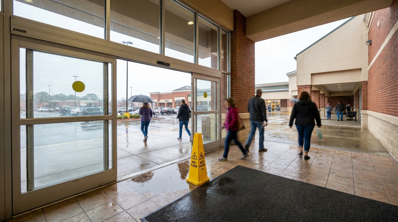 Store entrance with wet floor sign and pedestrians walking on rainy sidewalk