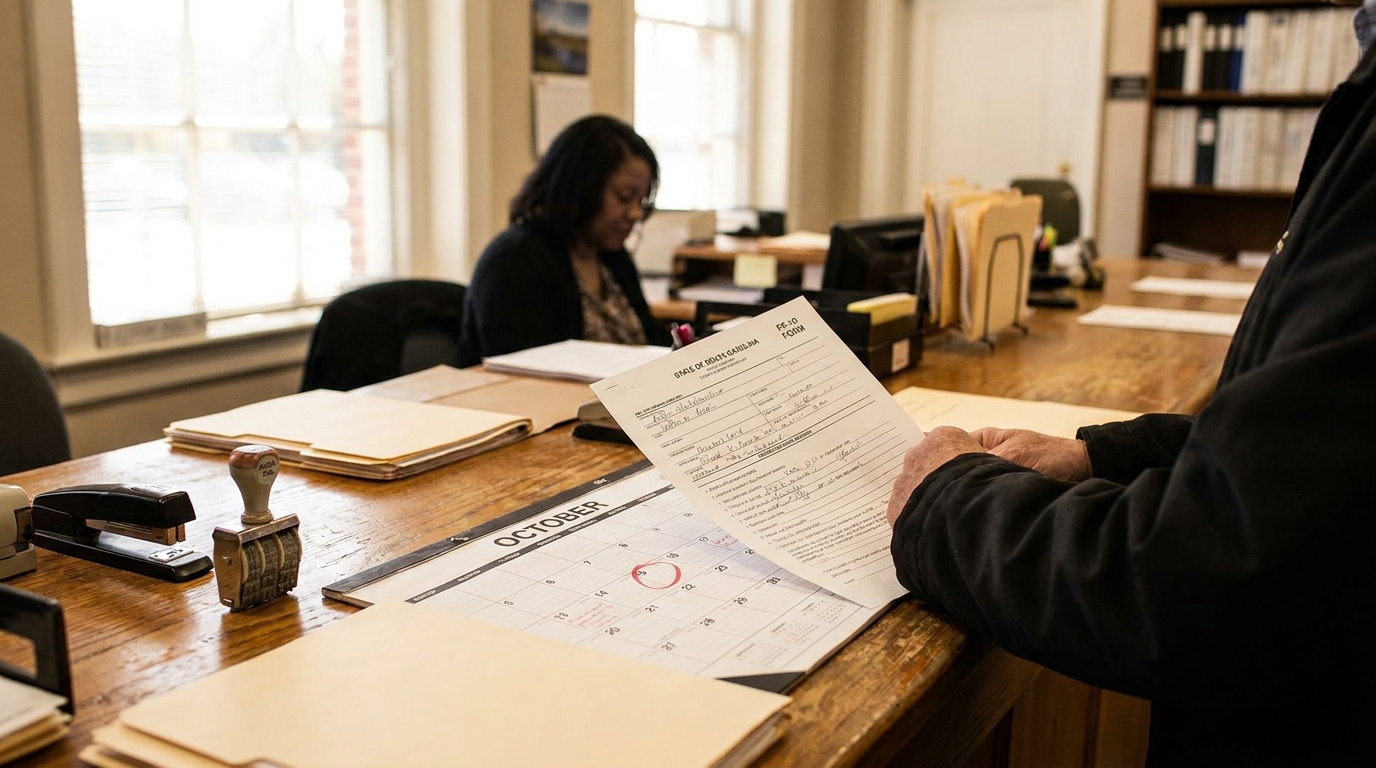 person holding State of North Carolina FC-10 form over October desk calendar in office
