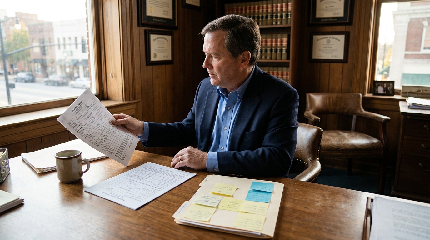 attorney reviewing accident report document at desk with framed credentials on wall