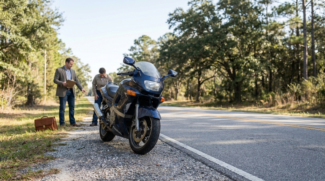 sport motorcycle parked roadside while two men review clipboard documents nearby