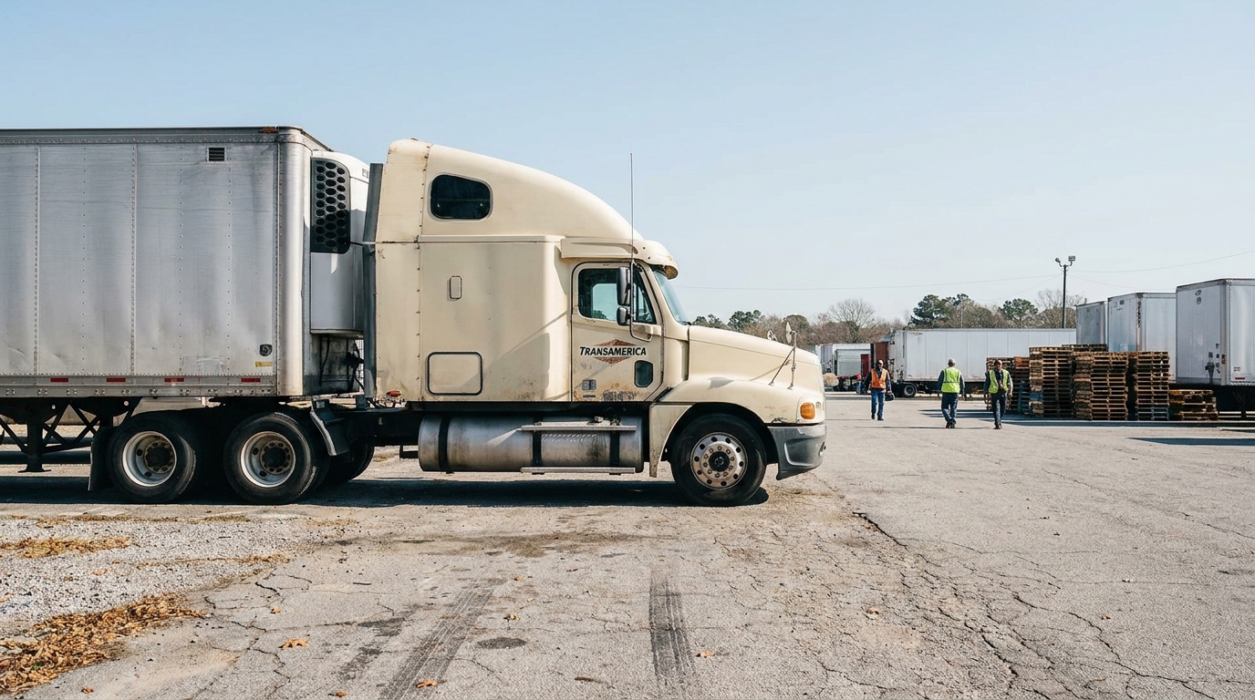 Transamerica semi-truck with trailer parked in commercial lot with workers in safety vests