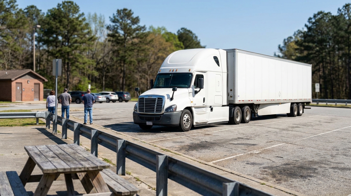 semi-truck parked at rest stop with pedestrians and picnic table nearby