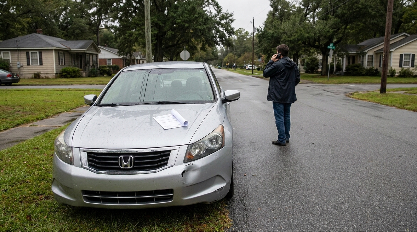 man on phone beside damaged Honda sedan with document on hood
