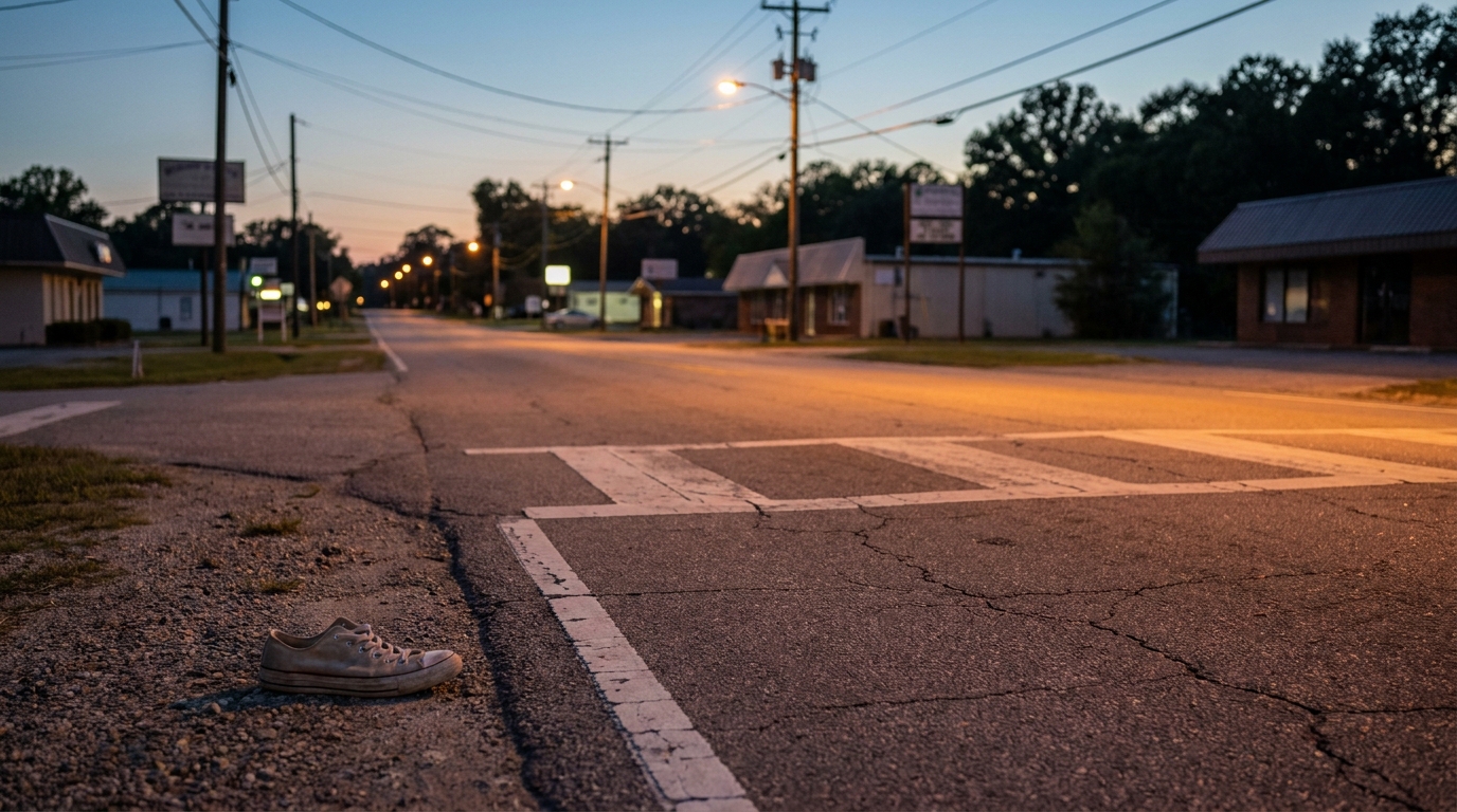 lone sneaker abandoned at pedestrian crosswalk on empty street at dusk