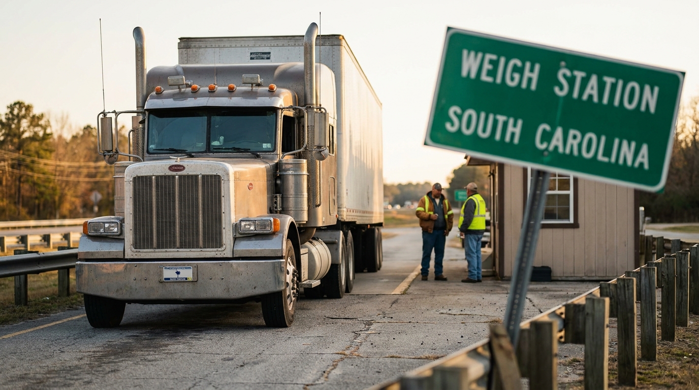 semi-truck stopped at Weigh Station South Carolina sign with two officials