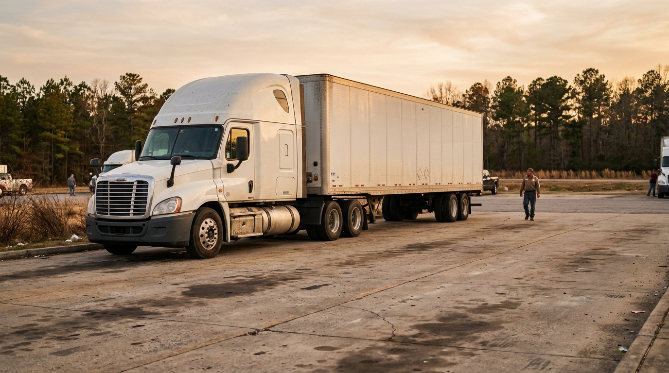 semi-truck with trailer parked at rest stop with person walking nearby
