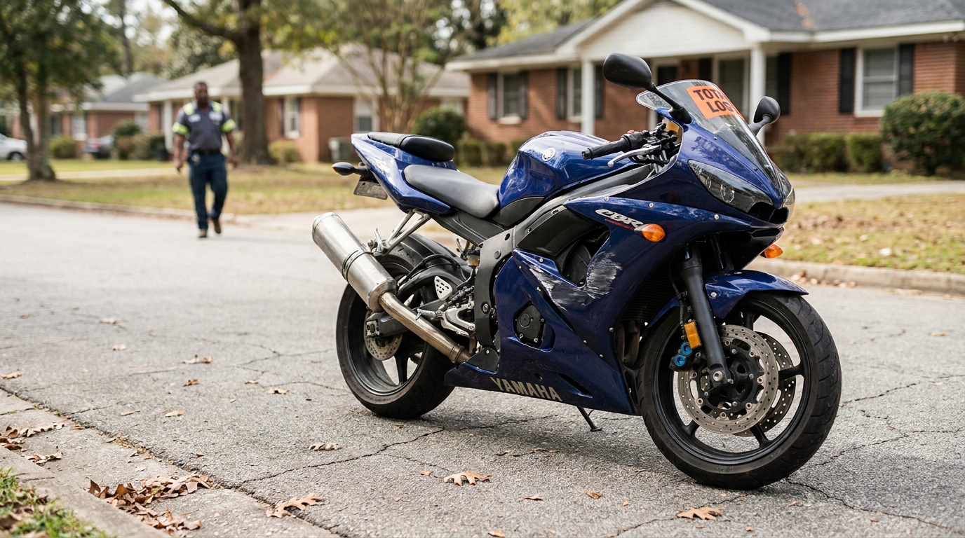 Yamaha CBR motorcycle tagged Total Loss parked on residential street