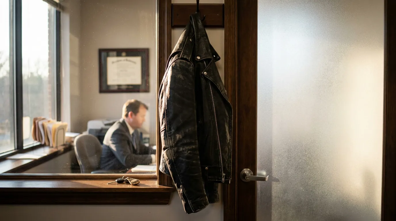 leather motorcycle jacket hanging on door hook outside attorney office