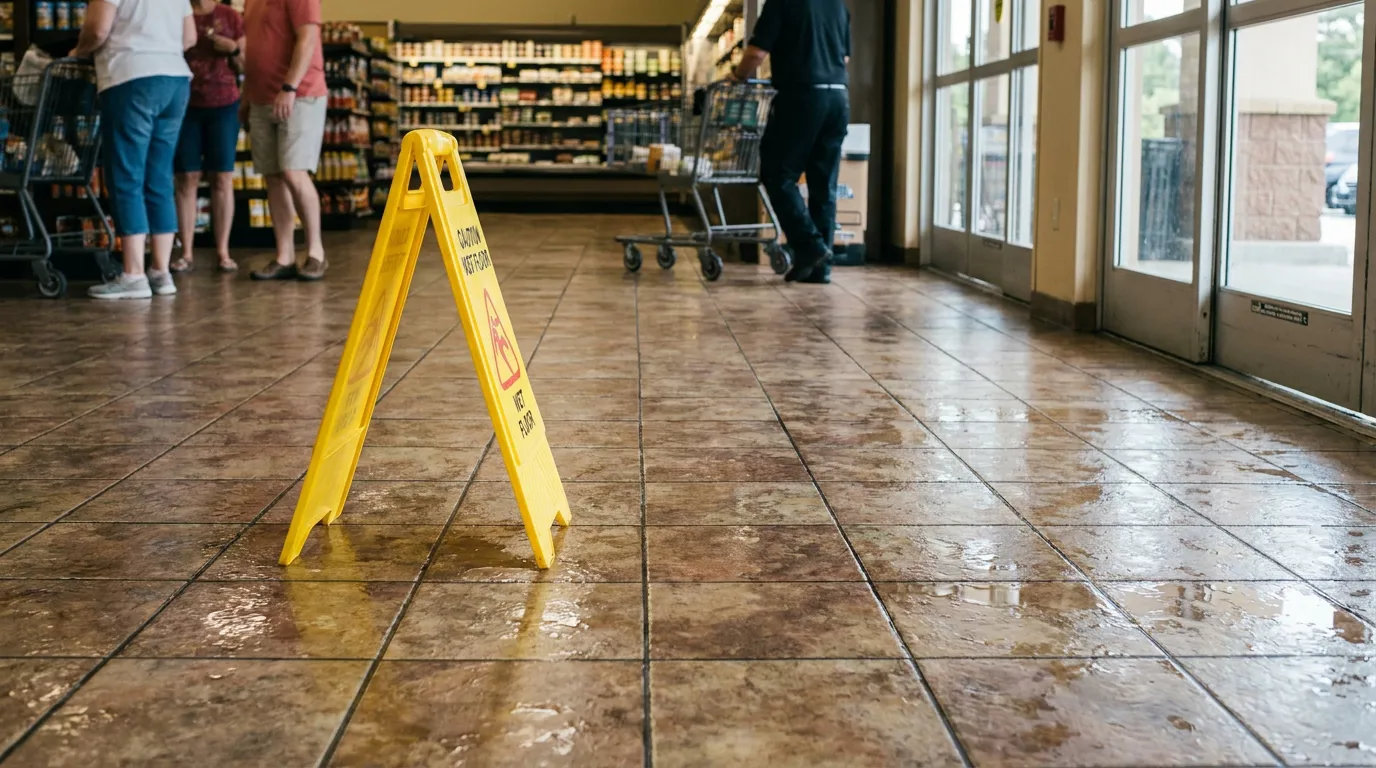 Caution wet floor sign on slippery tile inside grocery store with shoppers