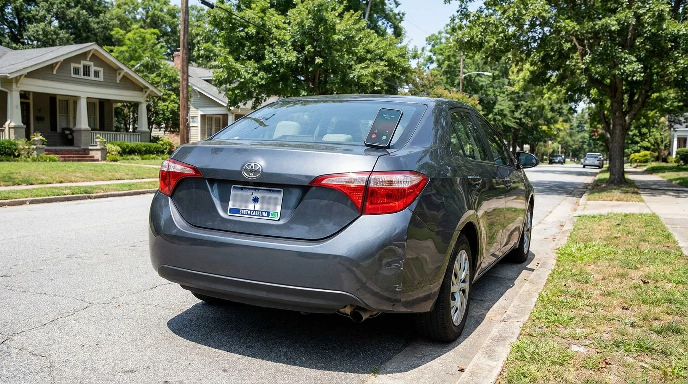 Toyota sedan with South Carolina license plate and phone displaying incoming call
