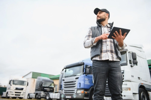 south carolina truck driver with tablet near semi trucks